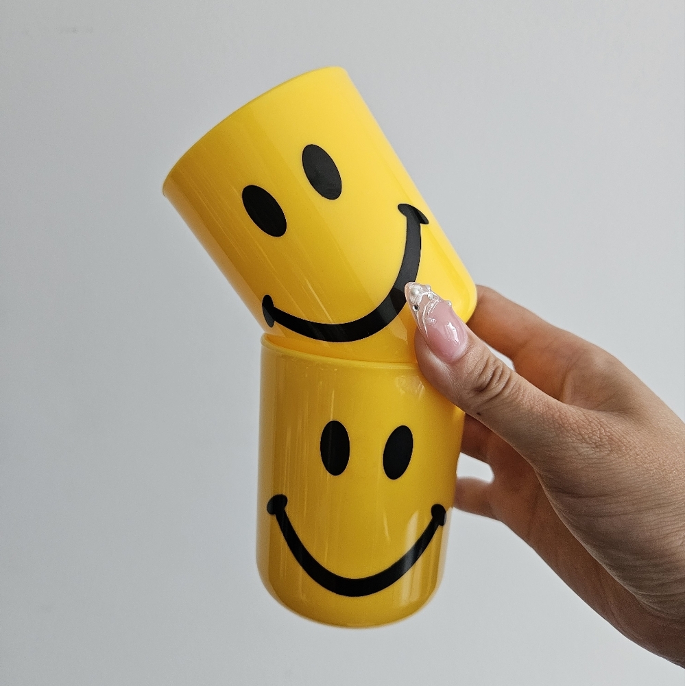 Two Plastic Smiley Face Cups / Planter / Toothbrush Holder / Pen Holder